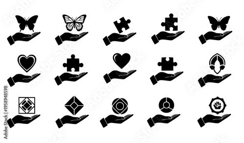 Care and Support Icon Set with Hands Holding Heart, Puzzle, Butterfly, Home, and Medical Symbols for Charity, Healthcare, Insurance, and Social Services Design