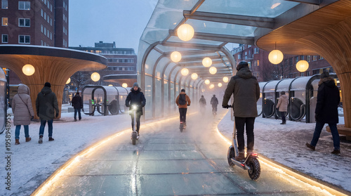 Winter mobility hub with heated bike lanes and snow