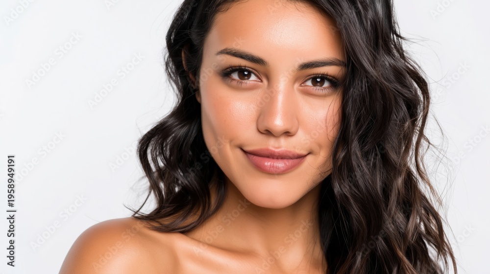 Obraz premium Inclusive beauty and diverse representation a close-up portrait of a smiling woman with dark hair and tan skin against a white background Cosmetics and skincare advertising campaigns promoting.