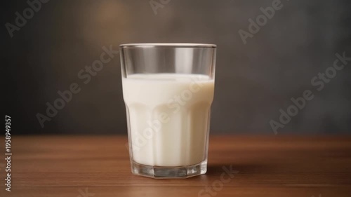 A hand sets down a transparent glass of milk gently on a wood table surface
