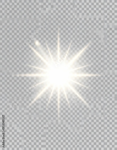 Bright, radiant burst of light with multiple rays on a transparent background