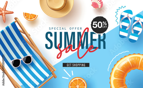 Summer Sale Banner Vector with Beach Chair Flip Flops Summer Hat Orange Slices and Pool Float