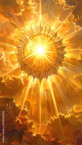 Celestial burst of light, radiating through golden clouds