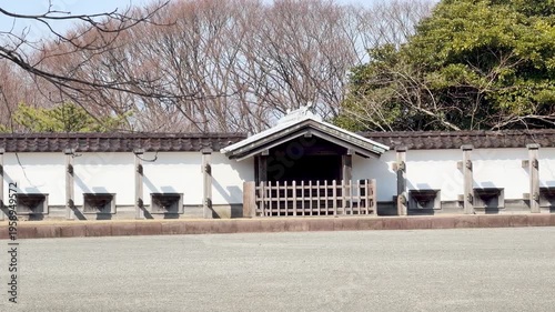 Traditional White Wall and Wooden Gate at Kanazawa Castle Park
