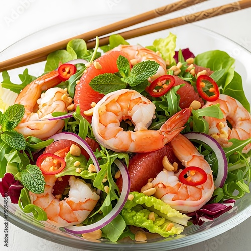 A vibrant grapefruit and shrimp salad is presented in a clear bowl, garnished with fresh mint, chili slices, and crushed peanuts, ready to be enjoyed with chopsticks