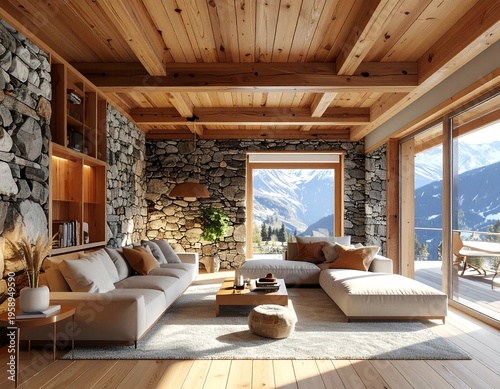 Living room with stone walls
