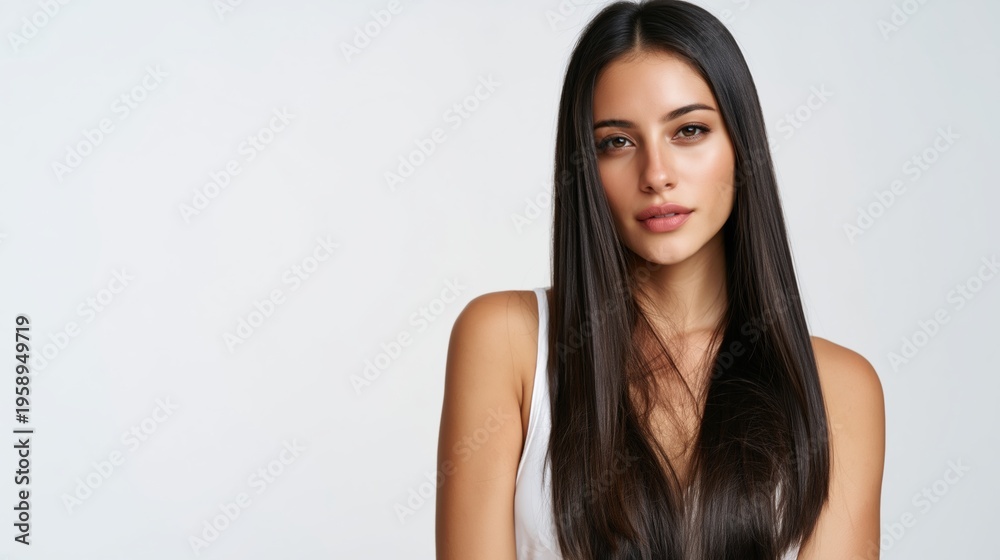 Naklejka premium Promoting haircare and beauty products A young woman with long dark healthy hair and smooth skin poses against a white background advertising cosmetics or wellness products The studio shot emphasizes.