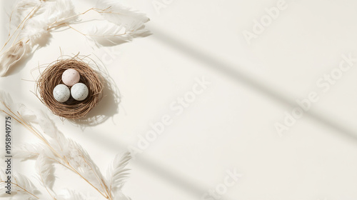 Elegant Easter Flat Lay with Speckled Eggs Eucalyptus Leaves and Soft Feathers on Minimalist Neutral Backdrop