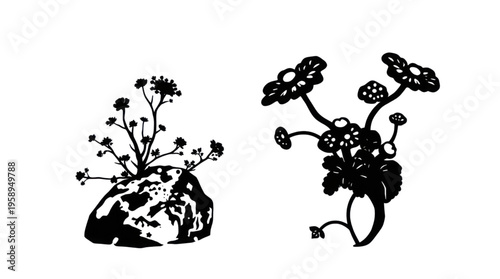 Silhouette Botanical Abstract Illustration with Stylized Plants and Organic Forms