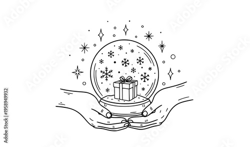 Hand drawn Christmas snow globe with gift in hands doodle vector illustration