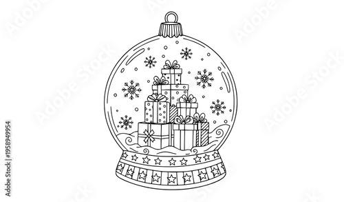 Doodle Christmas glass ball with gifts and snowflakes festive vector illustration