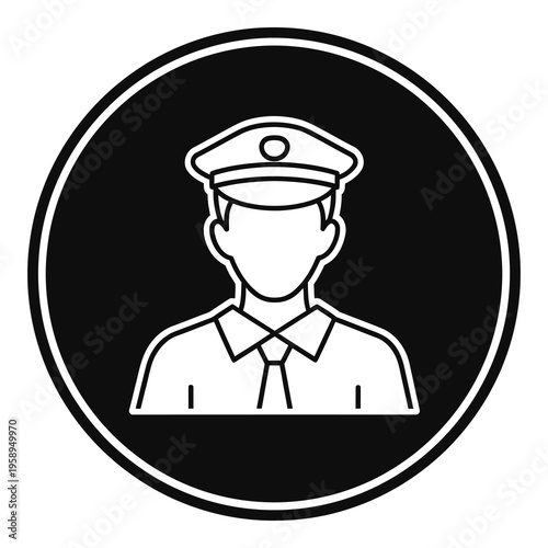 Simple line drawing of a man wearing a uniform hat and tie in a circle icon