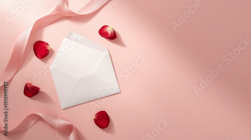 Romantic Invitation Flat Lay with White Envelope Red Rose Petals and Silk Ribbon on Blush Pink Background with Copy Space