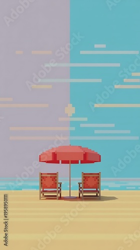Pixel beach scene with two chairs and umbrella under pastel sky