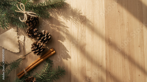 Holiday Flat Lay with Evergreen Branches Pinecones and Cinnamon Sticks on Light Oak Wood with Artistic Sunlight Shadows