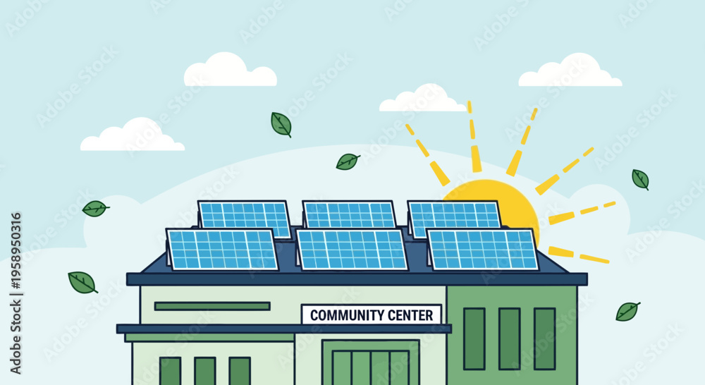 Fototapeta premium Community Center with Solar Panels on Roof, Sun Shining, Green Energy Concept