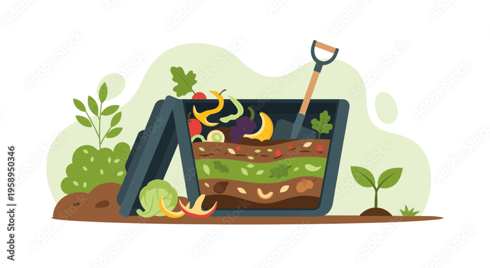 Fototapeta premium Compost bin with layers of organic waste and garden shovel, eco-friendly recycling concept
