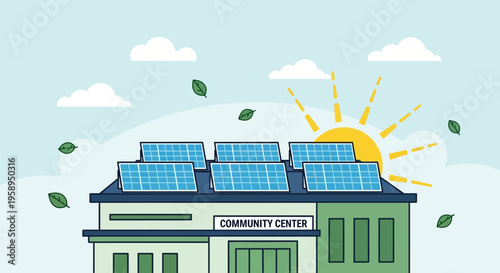 Community Center with Solar Panels on Roof, Sun Shining, Green Energy Concept