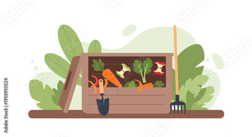 Compost bin filled with organic waste and gardening tools, sustainable living concept