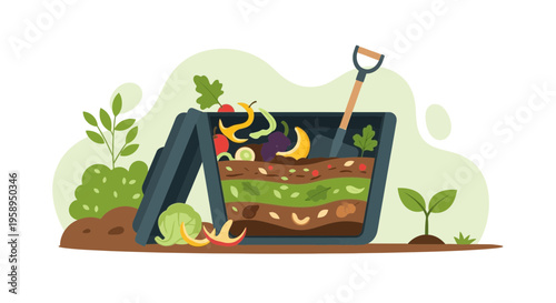 Compost bin with layers of organic waste and garden shovel, eco-friendly recycling concept