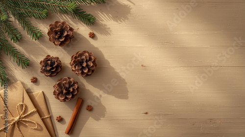 Elegant Rustic Christmas Composition with Kraft Gift Envelopes Pinecones and Spruce on Textured Wood Background
