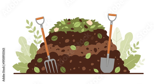 Compost pile with garden fork and shovel, organic waste, gardening, sustainable living