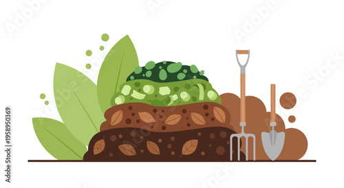 Compost pile with garden tools, layers of organic matter, leaves, and green material
