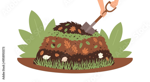 Compost pile with layers of organic matter being turned by a shovel, gardening concept