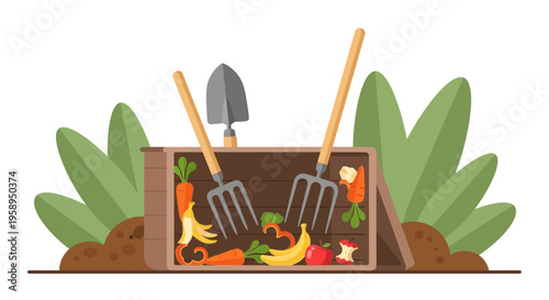 Composting Bin with Garden Tools and Organic Waste - Sustainable Gardening Concept