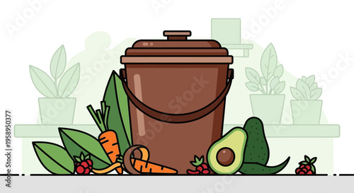Composting Bin with Fresh Vegetables and Berries, Sustainable Living Concept