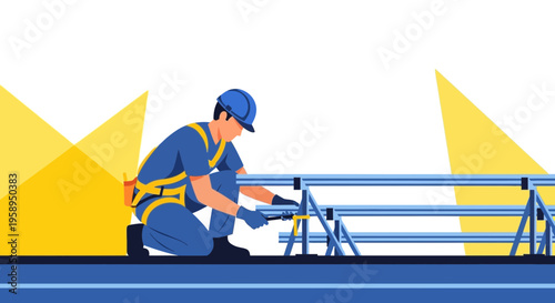 Construction worker installing scaffolding, safety harness, tools, industrial site, building