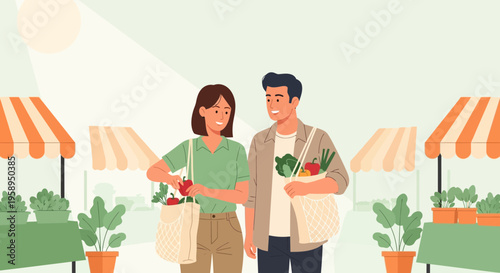 Couple shopping for fresh produce at a vibrant outdoor farmers market on a sunny day