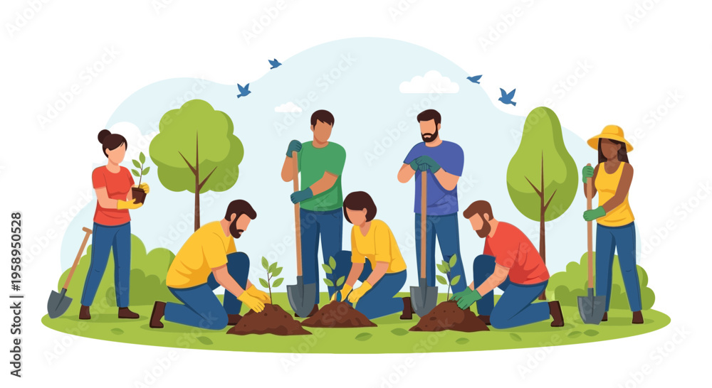 Fototapeta premium Diverse group of people planting trees together in a park, community gardening, environmental conservation