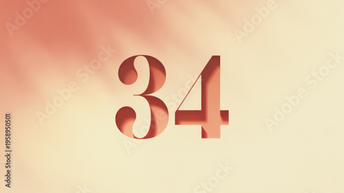Large red number thirty four on gradient background with rays of light