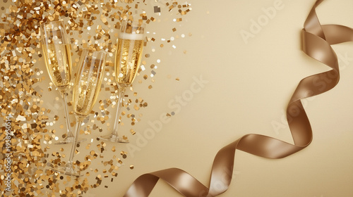 Three Champagne Glasses with Bubbles on Gold Background with Luxury Bronze Ribbon and Glittering Square Confetti