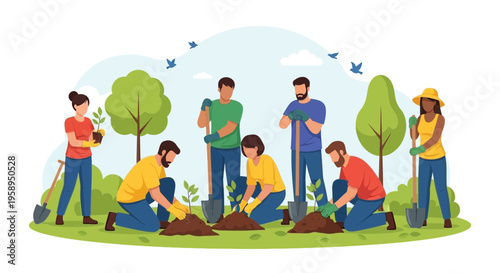 Diverse group of people planting trees together in a park, community gardening, environmental conservation