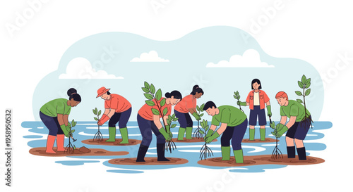 Diverse group of people planting trees in a wetland, environmental conservation, teamwork