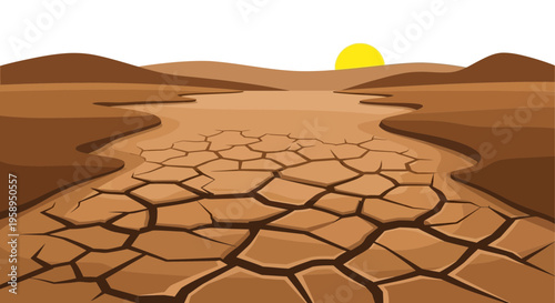 Dry Cracked Earth Landscape Under a Setting Sun, Arid Desert Scene