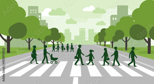Diverse people crossing busy city street on a crosswalk, urban green environment