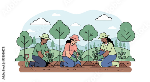 Diverse people planting seedlings in a community garden, sustainable agriculture concept