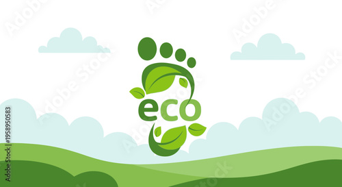Eco Footprint Concept: Green Leafy Footprint Symbolizing Environmental Care and Sustainability