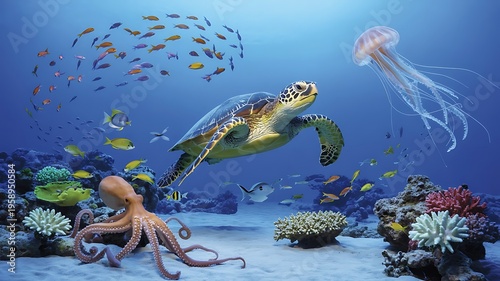 Realistic underwater scene with a sea turtle jellyfish octopus and diverse coral formations