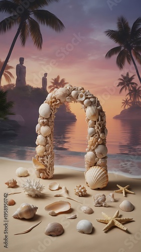 Seashell arch on a beach with palm trees and statues at sunset
