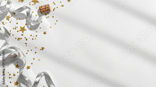 Luxury New Year Flat Lay with Golden Star Sequins Silver Ribbons and Champagne Cork on White Surface with Soft Shadows