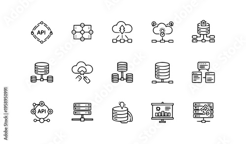 Thin line data integration icon set with API connections cloud sync and software development symbols vector
