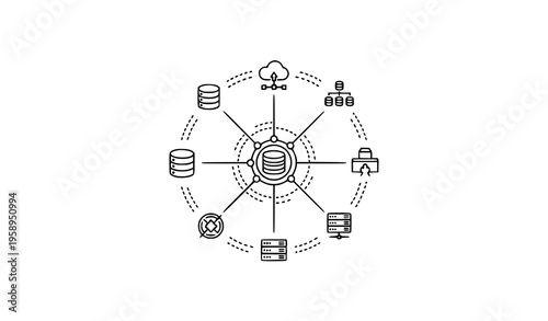 Data integration concept with connected nodes API flow and cloud database network thin line vector illustration