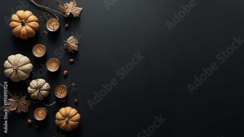 Luxurious Halloween Composition with Black Pumpkins Golden Autumn Leaves and Silk Ribbon on Dark Matte Backdrop