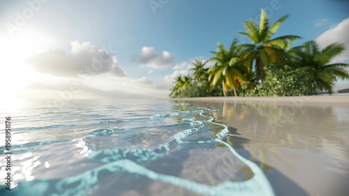 Serene tropical island paradise with crystal clear turquoise ocean waves gently lapping on a white sand beach under a bright sunny sky