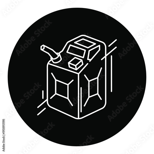 White line drawing of a gasoline can on a black circle background icon