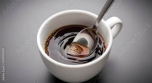 Spoon stirring dark, rich coffee in a white ceramic mug, creating captivating swirls, a comforting and energizing beverage